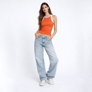 Vintage-Inspired Orange Ribbed Ringer Tank Top | White & Pink Trim | S/M (EUC)